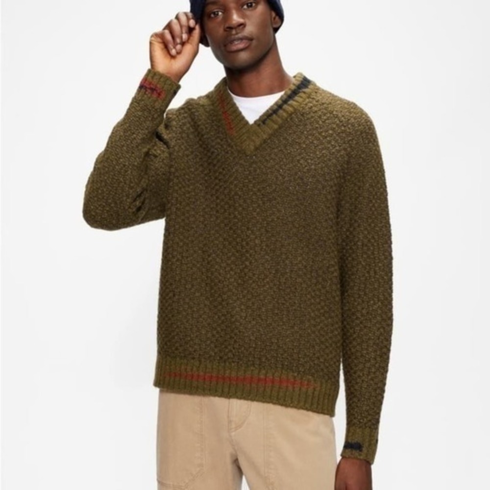 Ted Baker London Newtub Khaki Green Wool Blend Textured V-Neck Sweater‎ Size 6